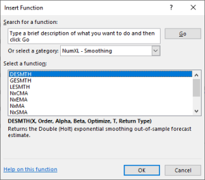 NumXL Smoothing functions category as shown in Insert Function dialog