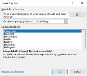 NumXL Data Fitting functions category as shown in Insert Function dialog in Excel
