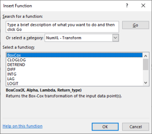 NumXL Transform functions category as shown in Insert Function in Excel