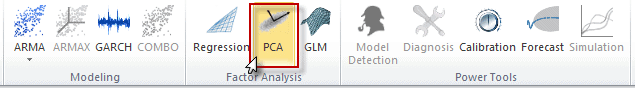 Ícono de análisis de componentes principales en la barra de herramientas NumXL o cinta en Excel.