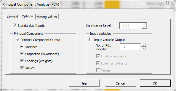 Options tab of NumXL principal component analysis wizard or dialog