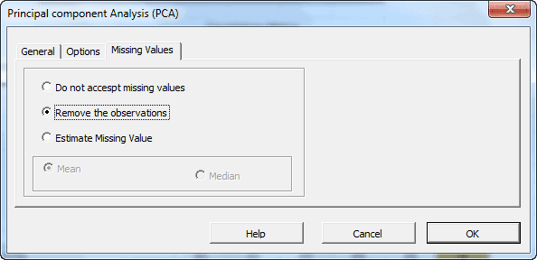 Missing values tab in NumXL principal component analysis dialog or wizard