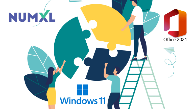 Esta imagen describe la colaboración entre NumXL, Office 2021 y Windows 11.
