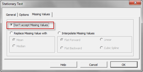 Missing values treatment tab in NumXL Stationary test dialog in Excel.