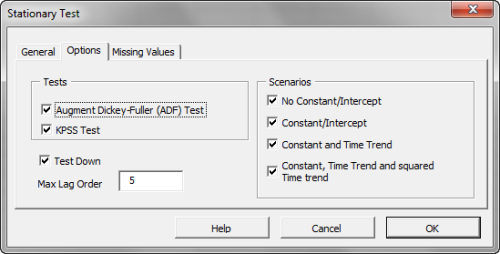 Options Tab in NumXL Stationary test dialog in Excel.