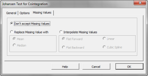 The Missing Values tab in NumXL's Johansen Test of Cointegration wizard.