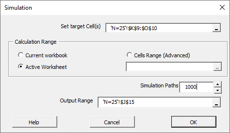 A dialog box with customizable options for the Monte-Carlo NumXL wizard used on all the MLR models.