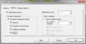 The Options tab in the NumXL principal component analysis dialog or Wizard.