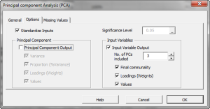 The Options tab in the NumXL principal component analysis dialog or Wizard with the PC output unchecked & Input Variables Checked.