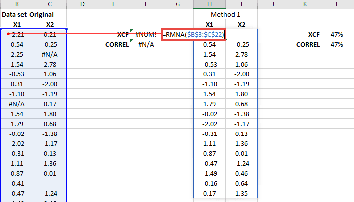 El uso de la función RMNA para conjuntos de datos de más de una variable elimina las filas con uno o más valores faltantes.