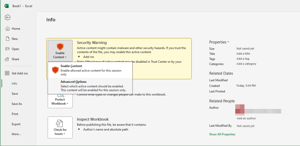 The security warning button is located in the info section under the file tab. You can also access it by clicking on the link in the warning message. Next, This figure shows the security warning button. Press the down arrow on the button and select the Advanced options option.