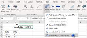Localice el icono ARMA en la barra de herramientas de NumXL y seleccione la opción X-13ARIMA-SEATS del menú desplegable.