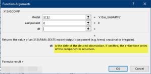 This figure shows the Excel Function Arguments dialog for NumXL's X13ASCOMP function.
