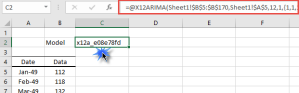 Select the cell in your workbook with the X12ARIMA model. The cell will have a value that begins with 'x12a_' and a formula that starts with an X12ARIMA(.) function.